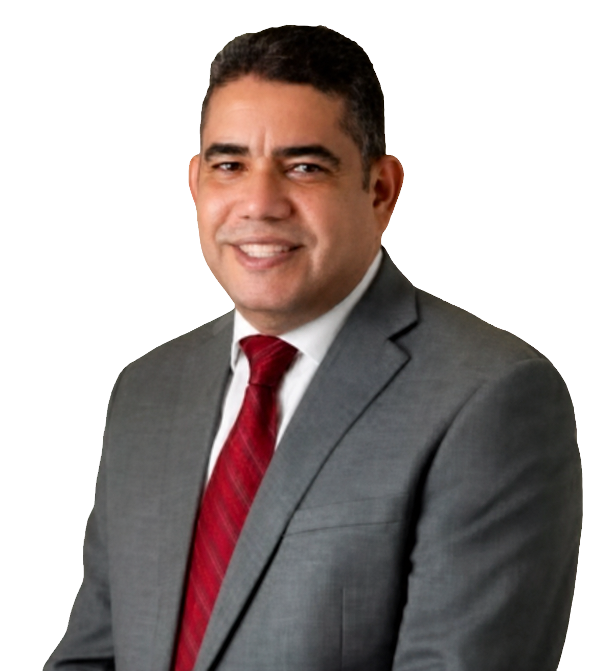Retrato del Dr. Jordy Leury Disla Basora con traje gris y corbata roja
